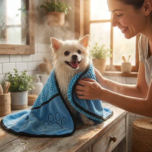 Happy dog wrapped in Veluna microfiber pet bath towel after bath time