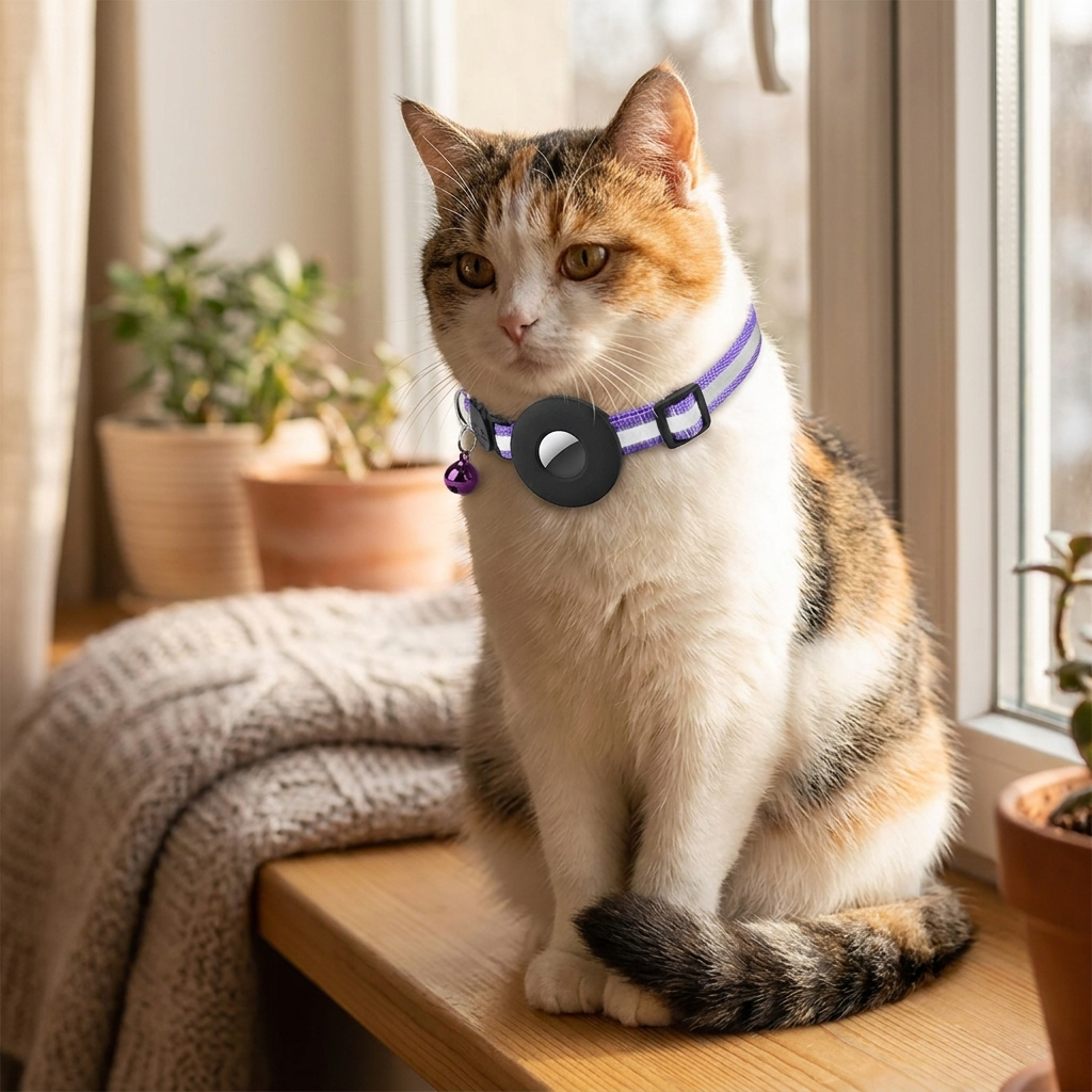 Cat wearing Veluna reflective AirTag pet collar on a windowsill