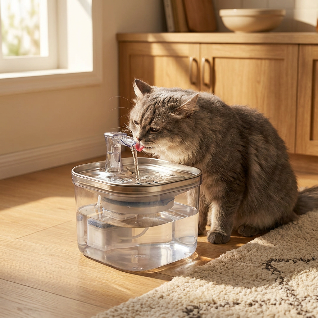 Veluna stainless steel pet water fountain lifestyle shot in a home kitchen
