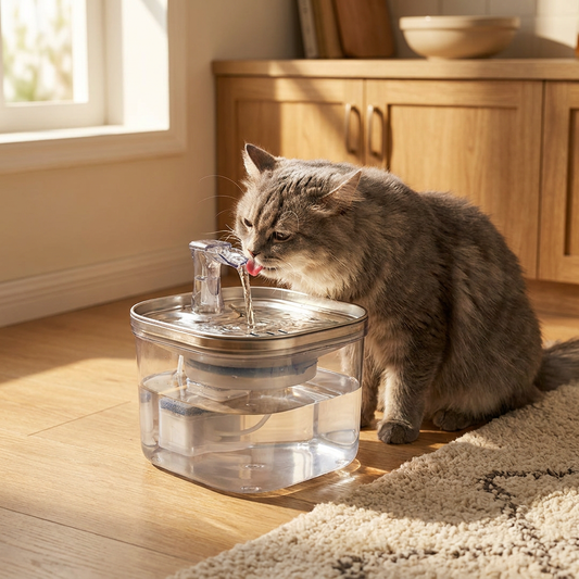 Veluna stainless steel pet water fountain lifestyle shot in a home kitchen