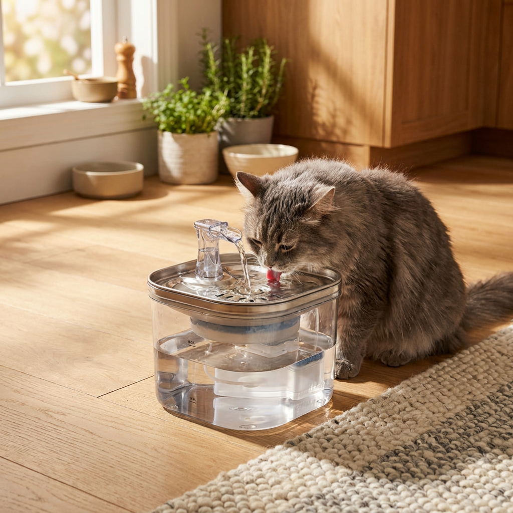 Cat drinking from Veluna stainless steel pet water fountain in a sunlit kitchen