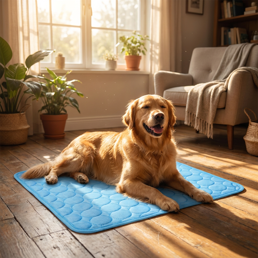 Golden retriever relaxing on Veluna self-cooling pet mat in a cozy living room