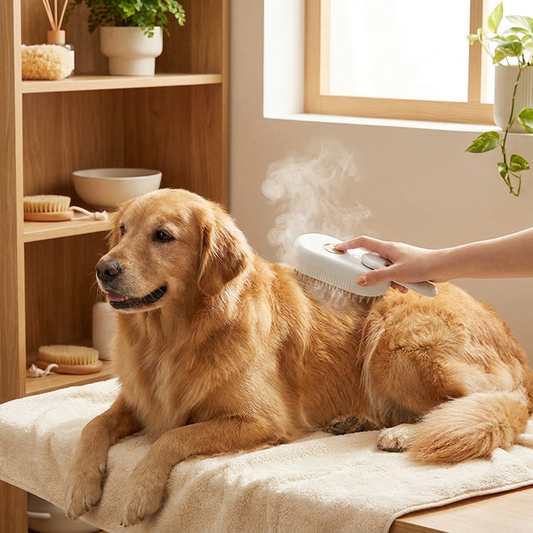 Owner grooming dog's coat with Veluna 3-in-1 electric steam grooming brush at home