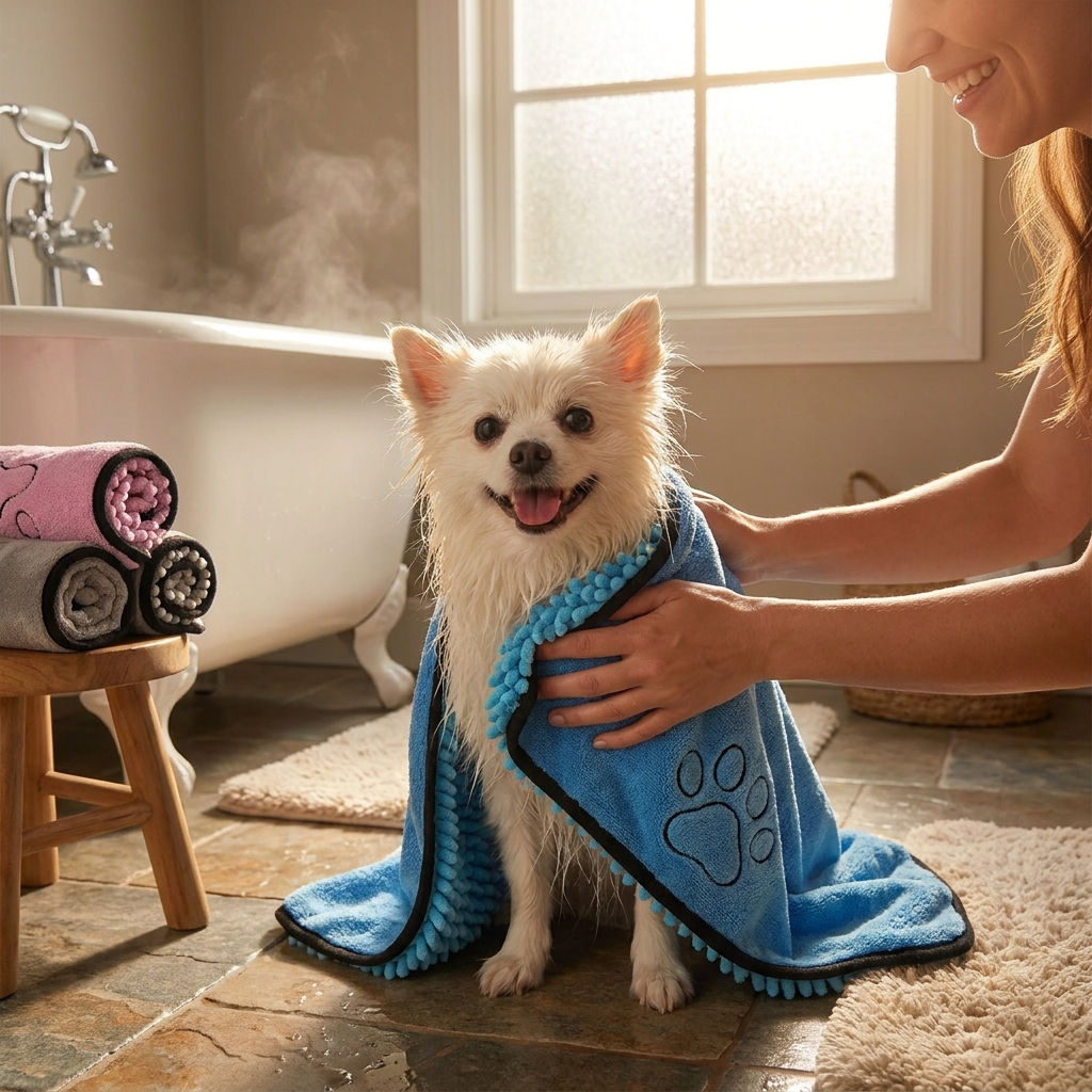 Owner drying wet dog with Veluna super-absorbent microfiber pet bath towel
