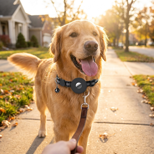 Dog wearing Veluna reflective AirTag pet collar on a sunny walk