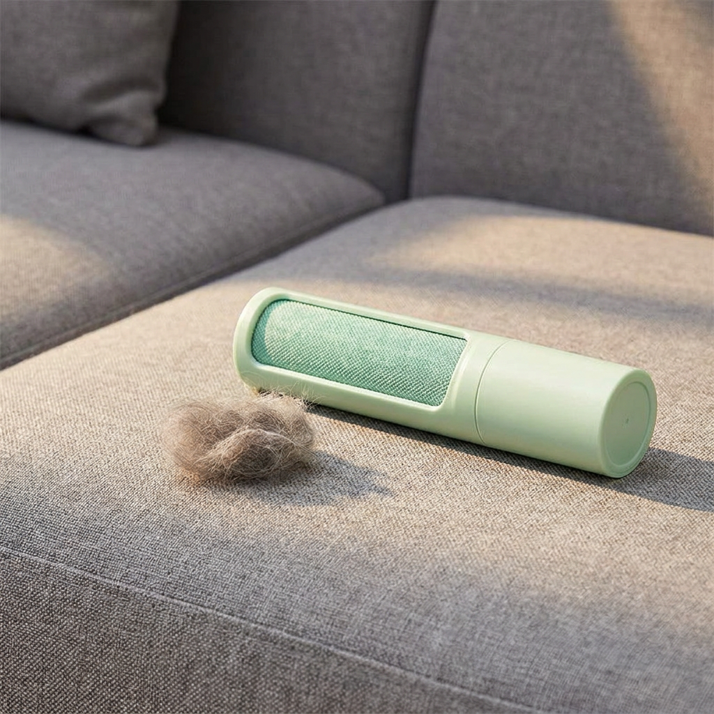Veluna reusable pet hair remover brush with lifted fur on a clean sofa cushion