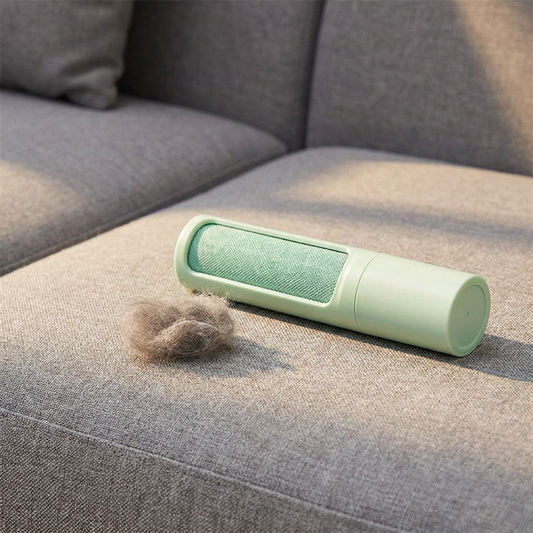 Veluna reusable pet hair remover brush with lifted fur on a clean sofa cushion