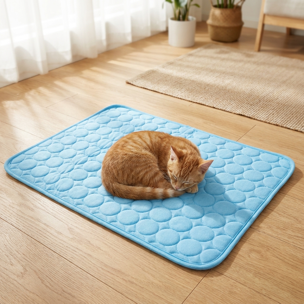 Cat sleeping on Veluna self-cooling pet mat on a hardwood floor