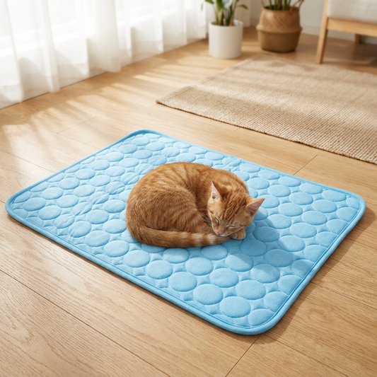 Cat sleeping on Veluna self-cooling pet mat on a hardwood floor