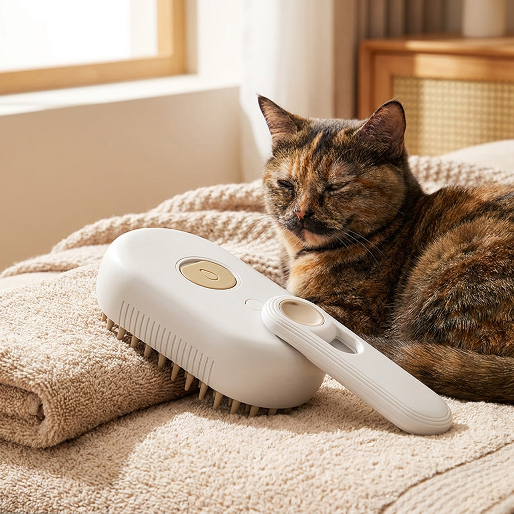 Veluna 3-in-1 electric steam grooming brush next to a well-groomed cat
